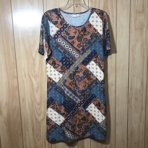 Bobbie Brooks Patchwork Round Neck Short Sleeve Midi Shift Women Dress XL